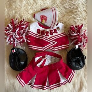 BAB Build A Bear red and white  cheerleading outfit lot with megaphone pom-poms